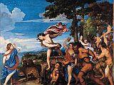 London National Gallery Top 20 09 Titian - Bacchus and Ariadne Titian - Bacchus and Ariadne, 1522-23, 175 x 191 cm. Bacchus, god of wine, emerges with his followers from the landscape to the right. Falling in love with Ariadne on sight, he leaps from his chariot, drawn by two cheetahs, towards her. Ariadne had been abandoned on the Greek island of Naxos by Theseus, whose ship is shown in the distance. The picture shows her initial fear of Bacchus, but he raised her to heaven and turned her into a constellation, represented by the stars above her head. Titian�s little dog barks excitedly at the strutting faun with jasmine in his hair, trailing a mangled calf�s head alongside a caper flower, symbol of love.